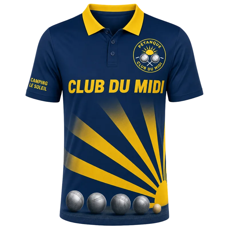 Polo de pétanque club personnalisé bleu marine à rayons de soleil jaunes, écusson du club et boules