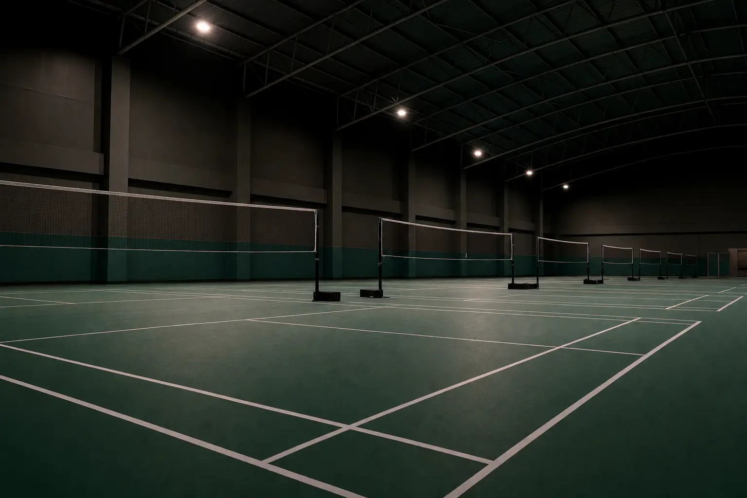 Salle de badminton avec terrains verts et filets alignés