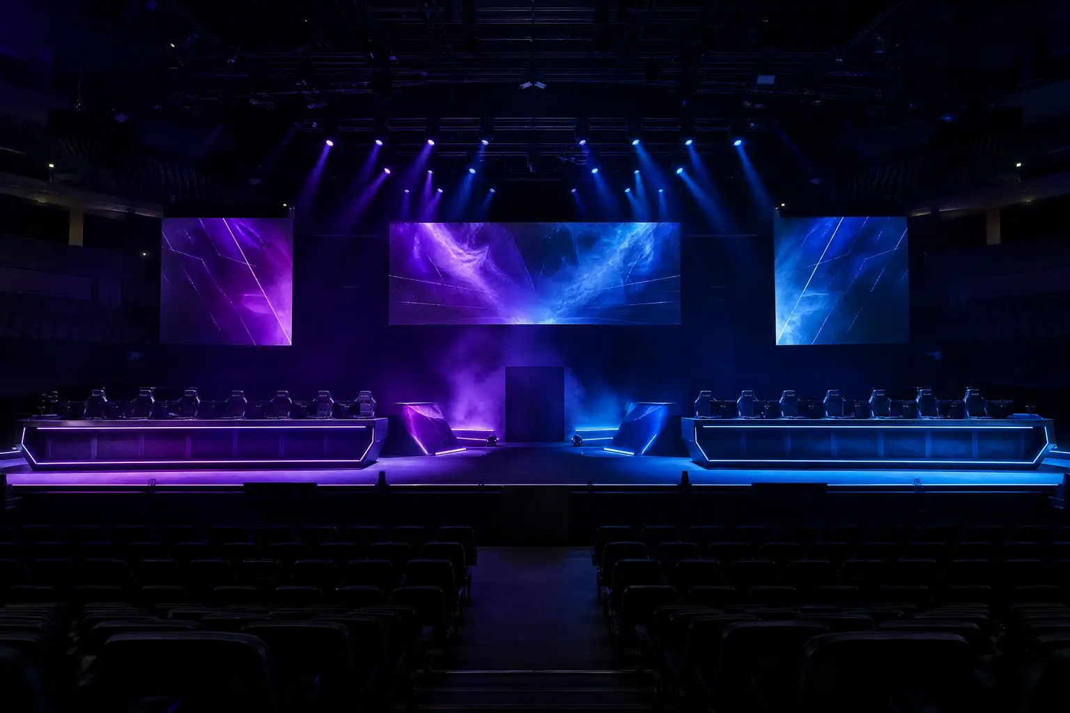 Scène de tournoi esport vide, postes de jeu et écrans LED