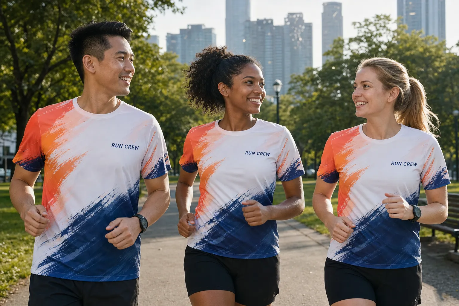 Trois coureurs d’un club de running portent le même t-shirt sublimé blanc à dégradé corail et bleu marine