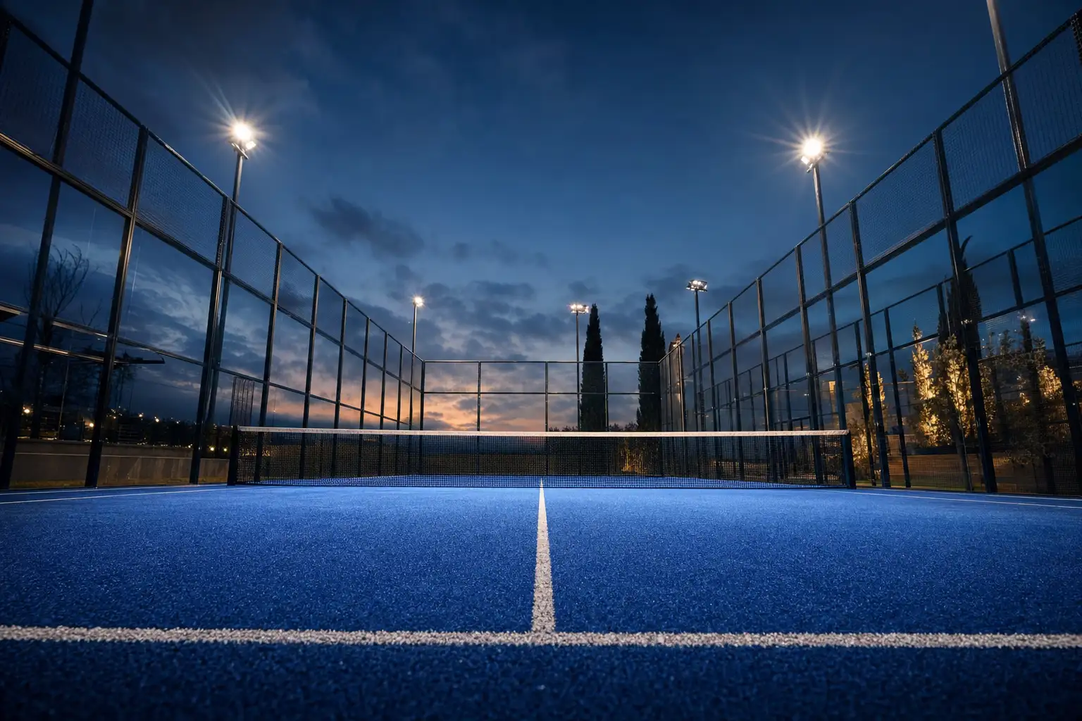 Terrain de padel extérieur éclairé le soir, gazon bleu, vitres et filet