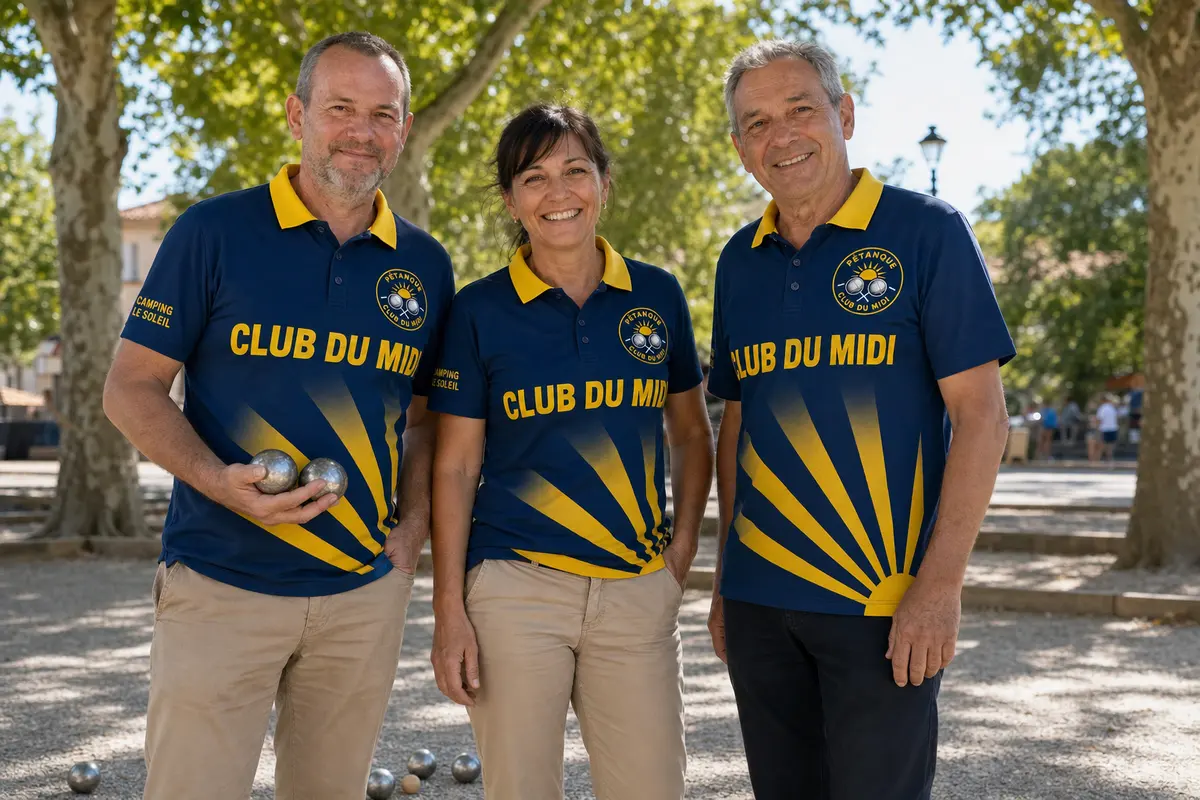 Triplette d’un club de pétanque en polos personnalisés sur le boulodrome