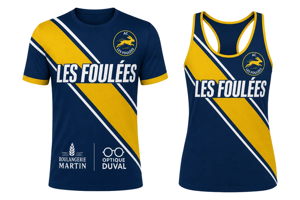 T-shirt et débardeur de running club personnalisés au même design bleu marine et jaune